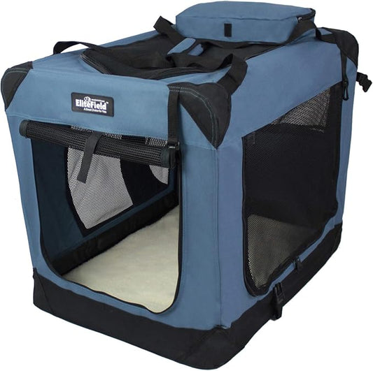 EliteField 3-Door Folding Soft Dog Crate with Carrying Bag and Fleece Bed (2 Year Warranty), Indoor & Outdoor Pet Home (42" L x 28" W x 32" H, Blue Gray)
