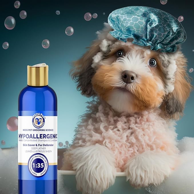 16oz Super Concentrated Hypoallergenic Dog & Cat Shampoo & Conditioner. Gentle Cleansing for Sensitive Skin, Itch Relief Formula, Puppy Safe Makes 4 gallons when diluted or use full strenght