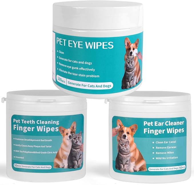 Dog Teeth Cleaning Wipes Dog Eyes Wipes Dog Ear Wipes Finger (3 Pack 200 Wipes) Pet Cleaning Wipes Kit,Dog Wipes Cleaning Deodorizing for Removing Plaque and Tartar & Ear Wax & Eye Secretions