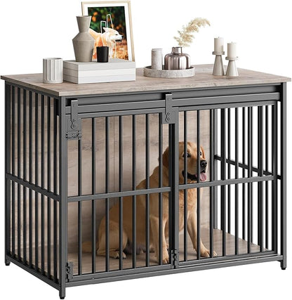 HOOBRO Dog Crate Furniture, 36.6" Heavy Duty Dog Kennel with Sliding Barn Door, Decorative Dog Crate Indoor, End Side Table for Small/Medium Dog, Greige and Black BG162GW03G1