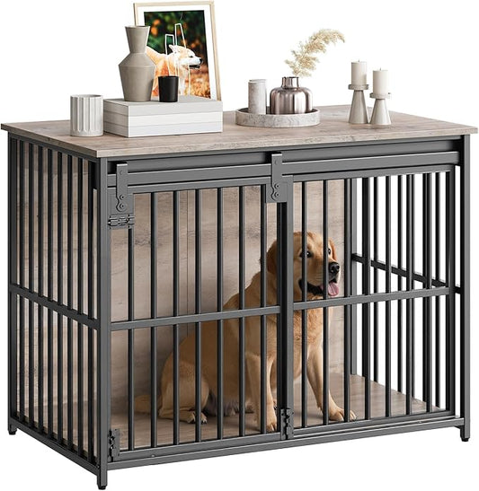 HOOBRO Dog Crate Furniture, 36.6" Heavy Duty Dog Kennel with Sliding Barn Door, Decorative Dog Crate Indoor, End Side Table for Small/Medium Dog, Greige and Black BG162GW03G1