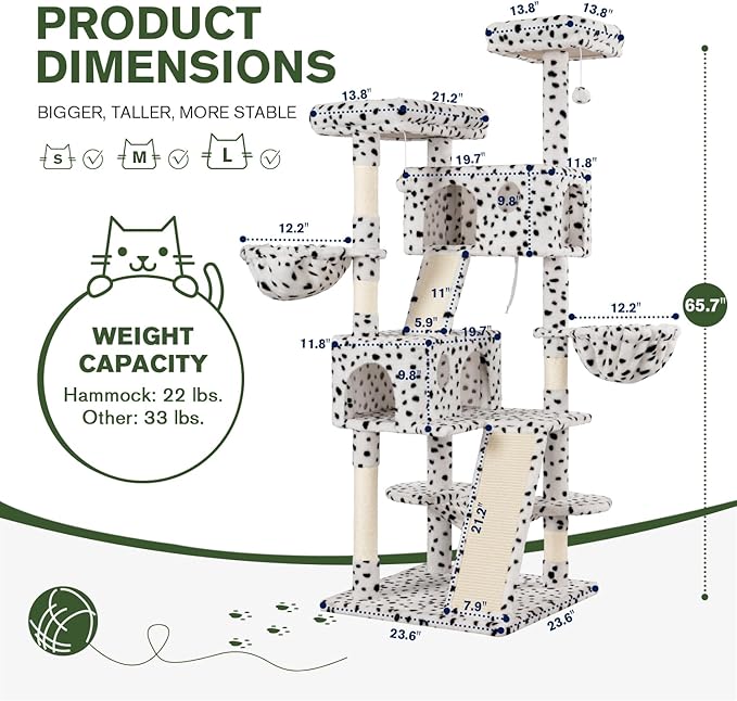 MUTICOR 66 Inches Multi-Level Large Cat Tree Tower for Indoor Big Feline/Cozy Plush Perches/Condo/Sisal Scratching Posts/Hammock and Baskets/Activity Center Play House/Wide Base/White & Black Spot