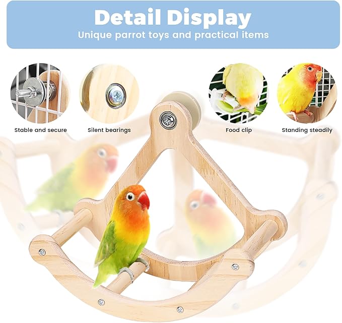 Bird Perch Toy, Interactive Rocking Parakeet Perch, Wooden Exercise Wheel for Cockatiels, Puzzle Enrichment Toy for Parrots, Bird Cage Accessories for Budgies & Conures(Pirate Ship)