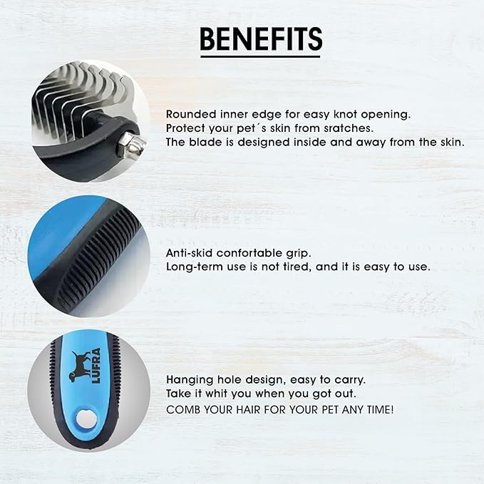 Pet hair remover comb, grooming brush, detangler, hair brush, double-sided blades. Friendly Dog Brush for Shedding & Effective Hair. Shedding Comb and Dematting Tool for Grooming