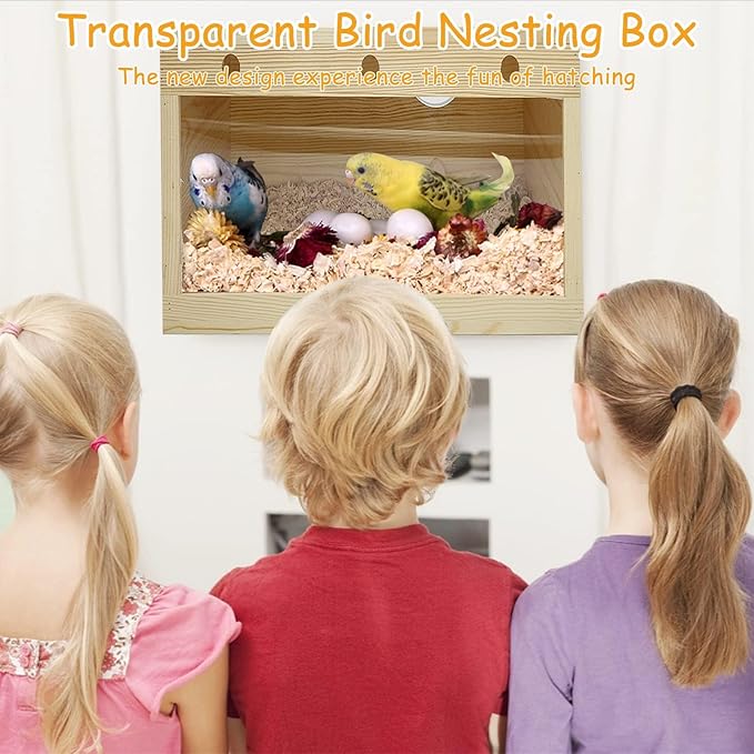 PINVNBY Large Natural Wood Parakeet Nesting Box Budgie Breeding Box Acrylic Bird Nest for Cage Transparent Panoramic for Birds, Parrots, Cockatiels, Lovebirds, Canaries (S: 7.87 x 4.72 x 4.72 inch)