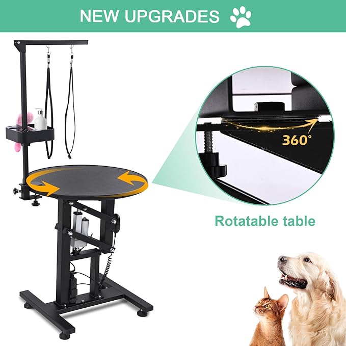 24" Electric Dog Grooming Table, Fast Lift Heavy Duty 360° Rotating Pet Grooming Desk for Small Dogs with Anti Skid Tabletop, Remote, Grooming Set, Tool Organizer, Black