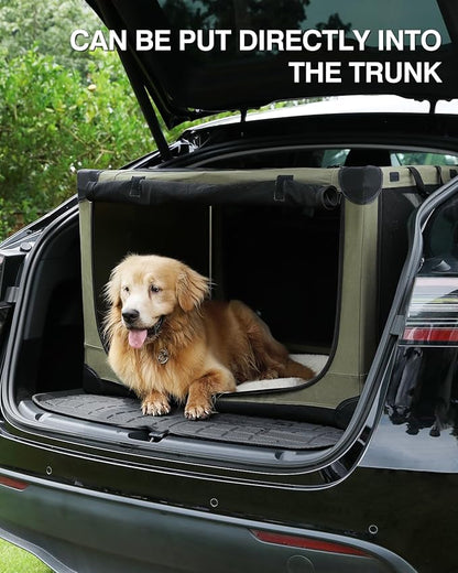 42 Inch Collapsible Travel Dog Crate for Medium Large Dogs, Portable Dog Crate 4-Door Foldable Soft Kennel with Chew-Proof Mesh Windows for Indoor & Outdoor Travel,with Storage Bag,Green