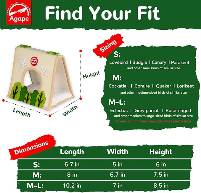 Agape Bird Nest, Soft Hammock for Cage, Hanging Plush Hideaway, Warm Bird House for Small, Medium & Large Parrots, Cozy Hut for Parakeet, Budgie, Cockatiel, Lovebird, Conure, Nido para Periquitos