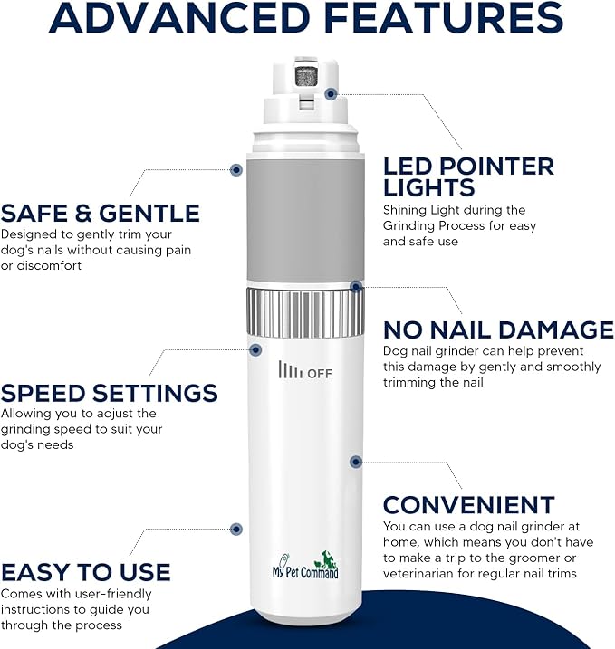 My Pet Command Cordless Dog Nail Grinder Quiet Low Noise for Large Medium Small Dogs and Cats, Powerful Variable Speed Motor Rechargeable Pet Claw Trimmer with an Extra Diamond Bit, Clipper and File