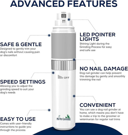 My Pet Command Cordless Dog Nail Grinder Quiet Low Noise for Large Medium Small Dogs and Cats, Powerful Variable Speed Motor Rechargeable Pet Claw Trimmer with an Extra Diamond Bit, Clipper and File