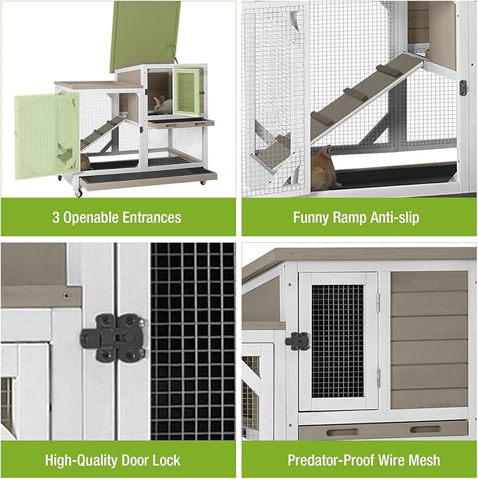 GUTINNEEN 2-Story Rabbit Hutch with Chew-Proof Ramp & Pull-Out Trays - Indoor/Outdoor 39.3" Wooden Rabbit Cage on Wheels for Rabbits, Guinea Pigs (Light Brown)