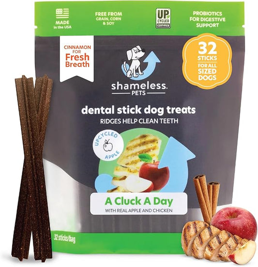 Shameless Pets Dental Treats for Dogs, A Cluck A Day (32 Sticks) - Dental Sticks with Digestive Support for Teeth Cleaning & Fresh Breath - Dog Bones Dental Chews Free from Grain, Corn & Soy