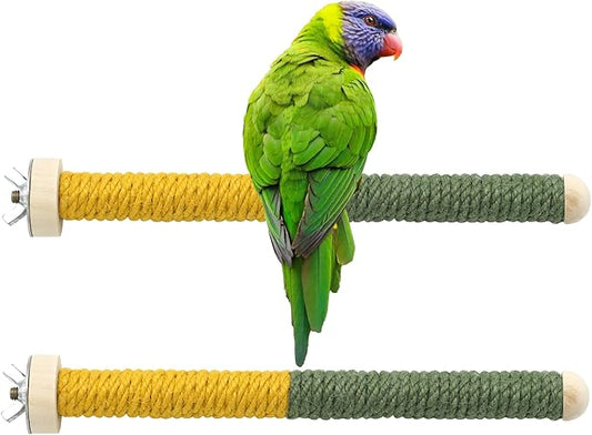 2 PCS 7.4 x 1 inch Bird Perch Parrot Stand Cage Accessories Natural Wooden Stick Paw Grinding Rope-surfaced Chew Toy Standing Rod for Exercise Training Branches (Yellow+Green-2p)