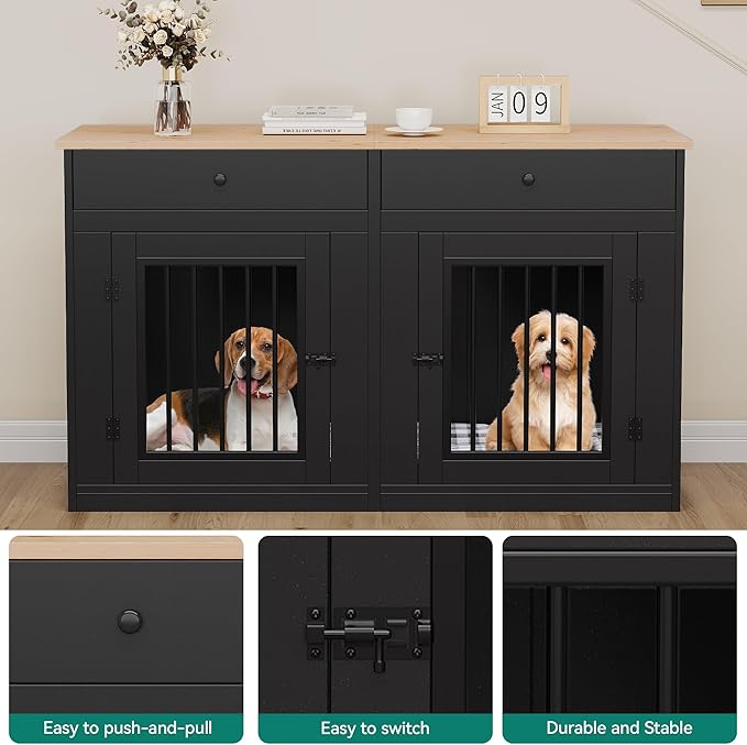 YITAHOME 60" Wooden Dog Crate Furniture with Removable Divider & Storage Drawers, Double Door Kennel with Locks for Medium and Large Dogs, Multi-Functional Dog Crate End Table for Indoor use, Black