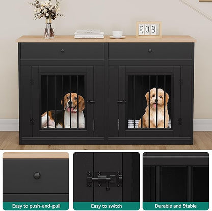 YITAHOME 60" Wooden Dog Crate Furniture with Removable Divider & Storage Drawers, Double Door Kennel with Locks for Medium and Large Dogs, Multi-Functional Dog Crate End Table for Indoor use, Black