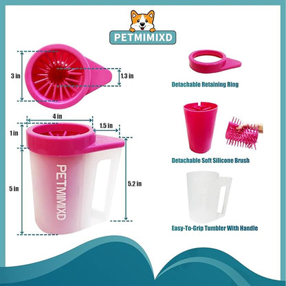 Dog Paw Washer with Handle, Absorbent Towels, Adjustable Bath Brush for Short & Long Hair (Muddy Pet Foot Cleaner), Pink, Medium