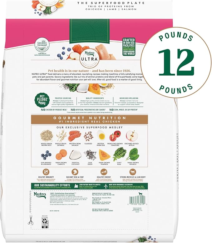 Nutro Ultra Adult Small Breed Dry Dog Food, Chicken, Lamb and Salmon Protein Trio, 12 lb. Bag