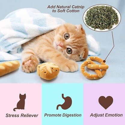 Bread Catnip Toys, Cat Toy for Indoor Interactive Toys, Kitten Chew Bite Kick Toy Baguette Croissant Pretzel Toast Bun Cinnamon Roll Plush Catmint Pet Birthday Presents 6 Pack