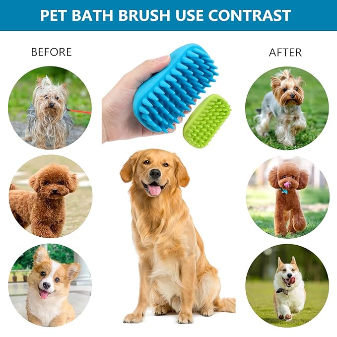 2 Pack Silicone & Rubber Pet Grooming Brushes - Bath, Massage & Shedding Brushes for Dogs & Cats with Long or Short Hair