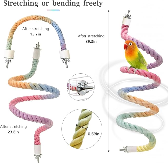 3pcs Gradient Colorful Bird Rope Perch Stand,Bird Cage Climbing Rope Toys Accessories,Bendable Climbing,Parakeet Lovebirds Cockatiels Budgies Play (15.7'',23.6'',39.3''B)