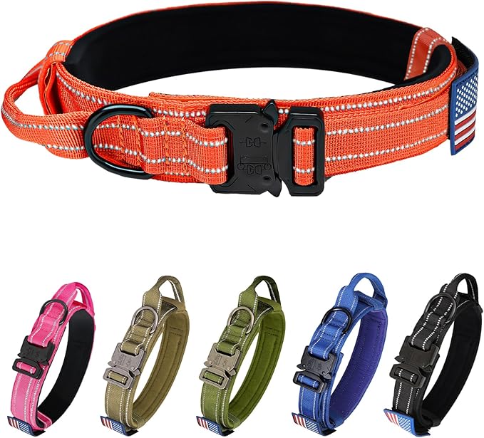 KCUCOP Tactical Dog Collar, Heavy Duty Dog Collar with Handle and Metal Buckle, Military Thick Dog Collars for Medium and Large Dogs(Orange-M-Reflective, 1 Patch)