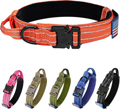 KCUCOP Tactical Dog Collar, Heavy Duty Dog Collar with Handle and Metal Buckle, Military Thick Dog Collars for Medium and Large Dogs(Orange-M-Reflective, 1 Patch)