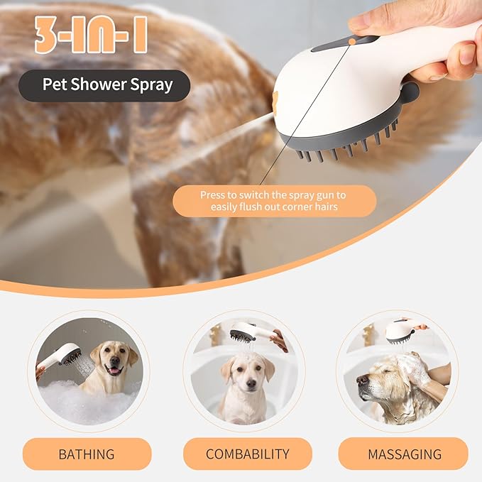 Dog Shower Brush with Massage Function & High Pressure Hose (6.6ft), Handheld Pet Bath Sprayer, No Drill Wall-Mount Holder, 3 Spray Modes for Tough Stain Removal & Grooming