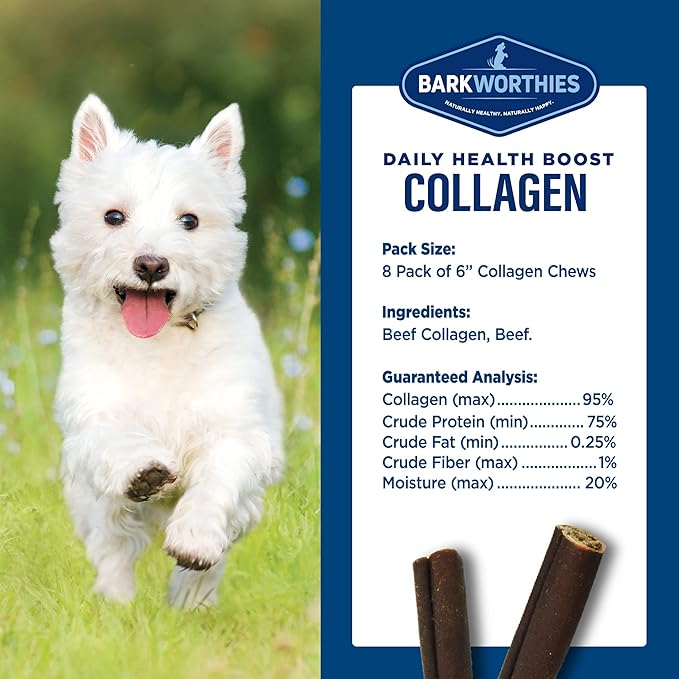 Barkworthies Plain Collagen Stick Dog Treats, 6-Inch, 8-Count