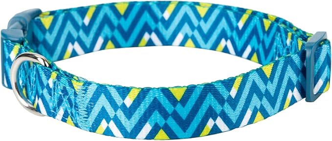 Mile High Life Dog Collar | Cute Puppy Collars | Lightweight Girl Dog Collar | Soft Boy Dog Collars | w Geometric Ocean Wavy Pattern (Light Blue/Hot Blue, Large)