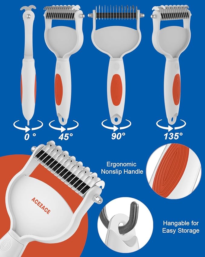 ACE2ACE Dematting Comb for Dogs, Deshedding Dog Brush, Undercoat Rake for Shedding Long Haired, Remove Knots, Tangles, and Matted Fur, Pet Grooming Tool, Orange