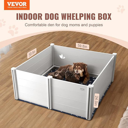 VEVOR Dog, 59.8 x 59.8 x 24.0in Whelping Box for Dogs and Puppies, Whelping Pen for Puppies, Dog Birthing Box with Rails and Washable Pee Pad, Whelping Box for Large Breed Dogs, White
