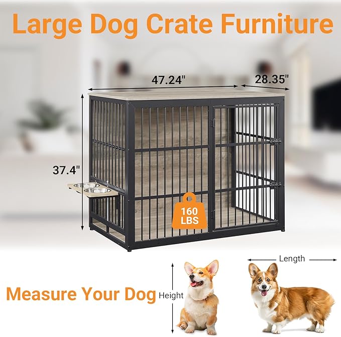 Dog Crate Furniture, 48 Inch Dog Kennel Furniture, Wooden _og Crate Furniture Large Breed with Rotating _og Bowls, Heavy Duty _og Cage Furniture Indoor,Decorative Dogs Crates End Table,Gray