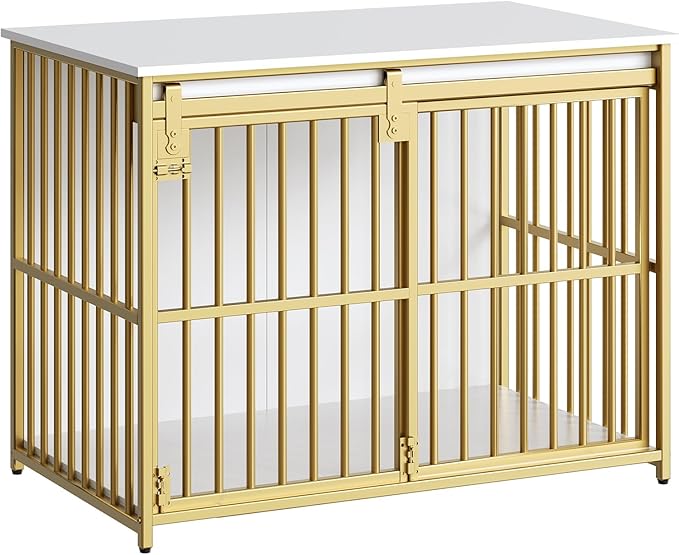 HOOBRO Dog Crate Furniture, 36.6" Heavy Duty Dog Kennel with Sliding Barn Door, Decorative Dog Crate Indoor, End Side Table for Small/Medium Dog, White and Gold DW162GW03G1