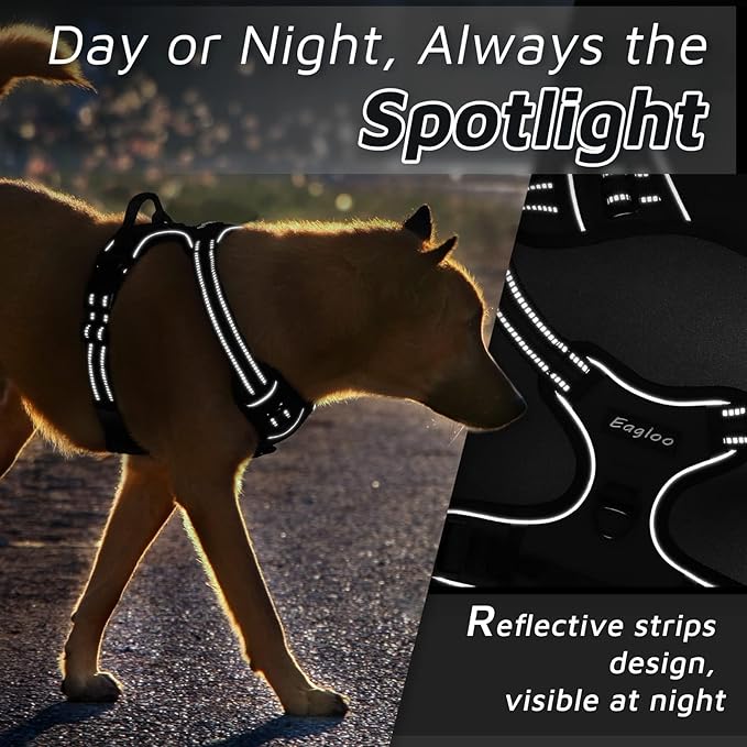 Dog Harness, No-Pull Pet Harness with 2 Leash Clips, Adjustable Soft Padded Dog Vest, Reflective No-Choke Pet Oxford Vest with Easy Control Handle for Medium Dogs, Black,