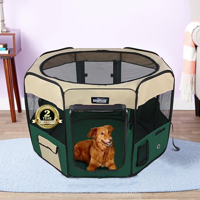 EliteField 2-Door Soft Pet Playpen (2 Year Warranty), Exercise Pen, Multiple Sizes and Colors Available for Dogs, Cats and Other Pets (62" x 62" x 24"H, Beige+Green)