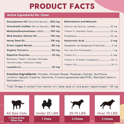 Glucosamine for Dogs - Joint Supplement for Dogs with Chondroitin, MSM, Omega 3, Hemp, Turmeric for Dog Joint Pain Relief, Dog Joint Supplement with Calcium Support Cartilage & Bone Health, 180 Chews