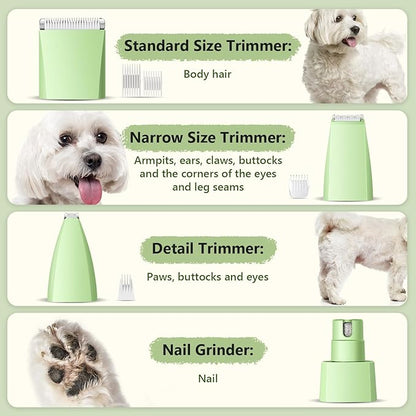 Dog Grooming Kit with LED Light, Low Noise Rechargeable 4 in 1 Pet Clippers for Matted Hair, Cordless Electric Cat Paw Trimmer Dog Nail Grinder, Grooming Supplies for Cat and Small Dogs
