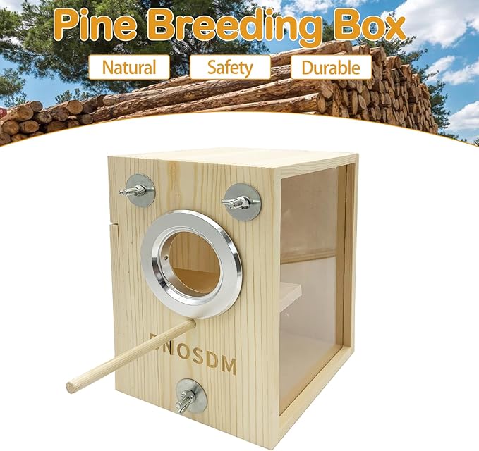 BNOSDM Parakeet Nesting Box Transparent Bird Breeding Nest Boxes Natural Wood Bird Cage (S)