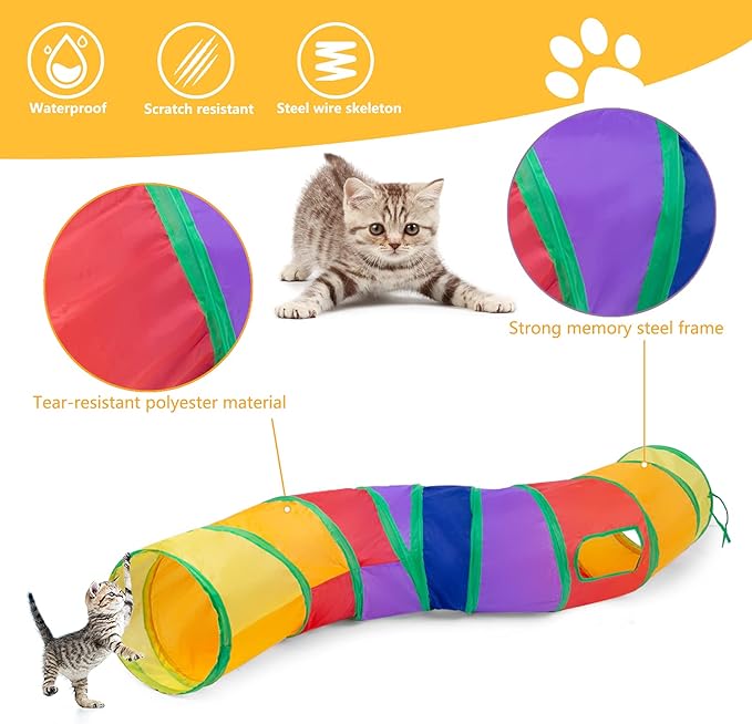 Sheldamy Cat Tunnel, S-2-Way Cat Tunnels for Indoor Cats, Collapsible Cat Play Tunnel, Interactive Toy Maze Cat House with 1 Play Ball for Cats, Puppy, Kitty, Kitten, Rabbit (Multicolor)