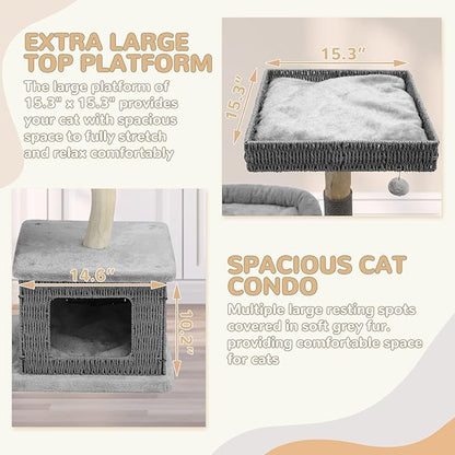 Modern Cat Tree for Large Cats - Multi-Level Wooden Tower with Scratching Posts, Large Jumping Platforms, Hanging Toy - Modern Luxury Cat Furniture for Indoor Cats-Grey