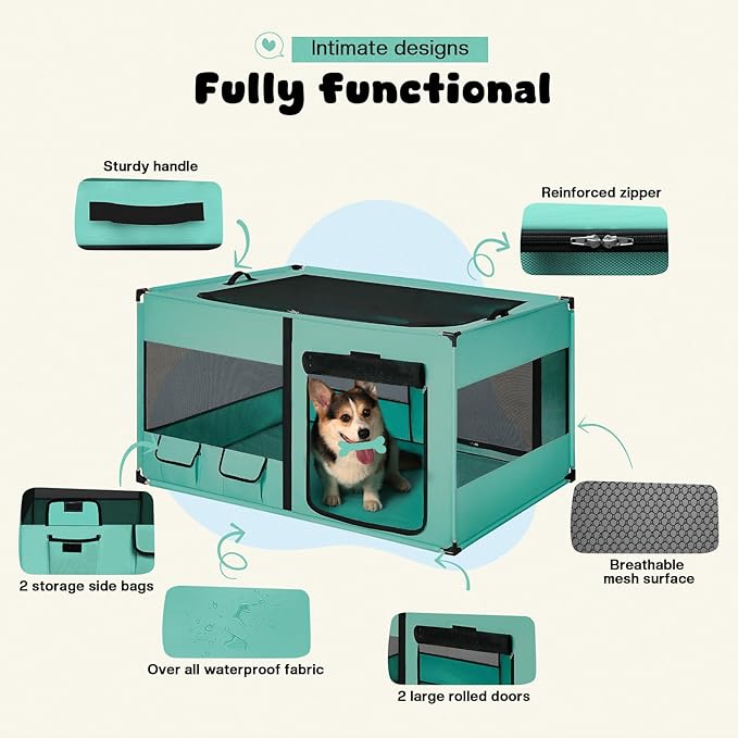 Dog Playen, Portable Dog Play Pen for Dogs and Cats, Metal Dog Playpen with Fabric Cover, Pet Play Pen for Indoors/Outdoors, Foldable Pet Playpen for Indoor Cats Enclosed, Green, Jumbo