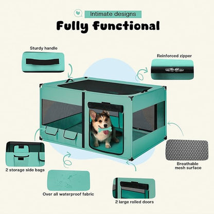 Dog Playen, Portable Dog Play Pen for Dogs and Cats, Metal Dog Playpen with Fabric Cover, Pet Play Pen for Indoors/Outdoors, Foldable Pet Playpen for Indoor Cats Enclosed, Green, Jumbo
