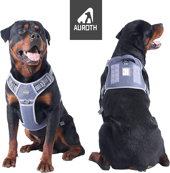 Auroth Tactical Dog Harness for Large Dogs No Pull Adjustable Pet Harness Reflective K9 Working Training Easy Control Pet Vest Military Service Dog Harnesses Grey L