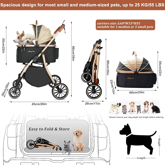 MILA&LOUIS Dog Stroller for Medium Dogs, Pet Stroller for Small Dogs with 4 Large Upgraded Wheel, Dog Strollers with Rain Cover, Cup Holder, Hook, Sturdy Puppy Stroller with Detachable Aluminum Cradle