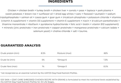 GO! SOLUTIONS Skin + Coat Care Wet Dog Food - Shredded Chicken Recipe with Grains - Complete & Balanced Nutrition for All Life Stages, 12.5 oz (Pack of 4)