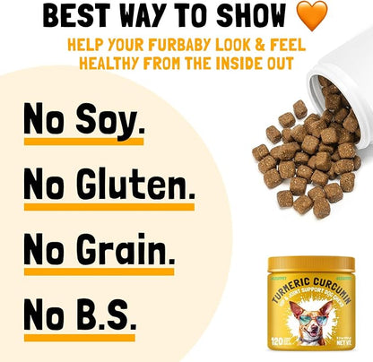 Turmeric Curcumin Hip & Joint Dogs Supplement Anti-Inflammatory Support for Arthritis & Mobility with Collagen & BioPerine Pain Relief Antioxidant Digestive Cardiovascular and Liver Health 120 Chews