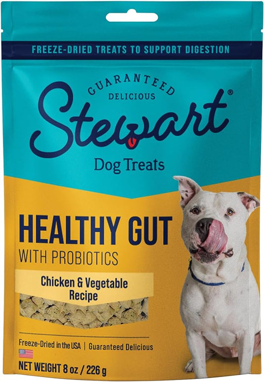 Stewart Freeze Dried Dog Treats, Healthy Gut Chicken & Vegetable, Gut Health Probiotics, Grain Free, 8 Ounce Resealable Pouch, Made in USA