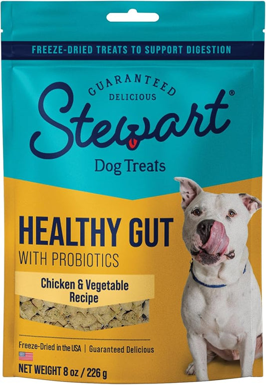 Stewart Freeze Dried Dog Treats, Healthy Gut Chicken & Vegetable, Gut Health Probiotics, Grain Free, 8 Ounce Resealable Pouch, Made in USA