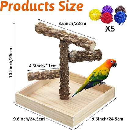BNOSDM Portable Bird Perch Stand with Potty Tray, Natural Wood Tabletop Training Gym Parrot Playground Toy for Budgies, Cockatiels, Lovebirds,Conures Canaries