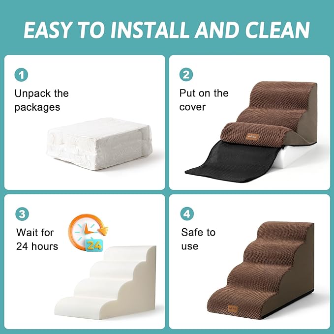 Dog Stairs for Small Dogs, Curved Pet Step with Leakproof Cover, High Density Foam Cat Ramp for Bed or Sofa, Lightweight, Durable, Comfort, 15.7x22.4x15.7 inch, 3 Tiers, Brown